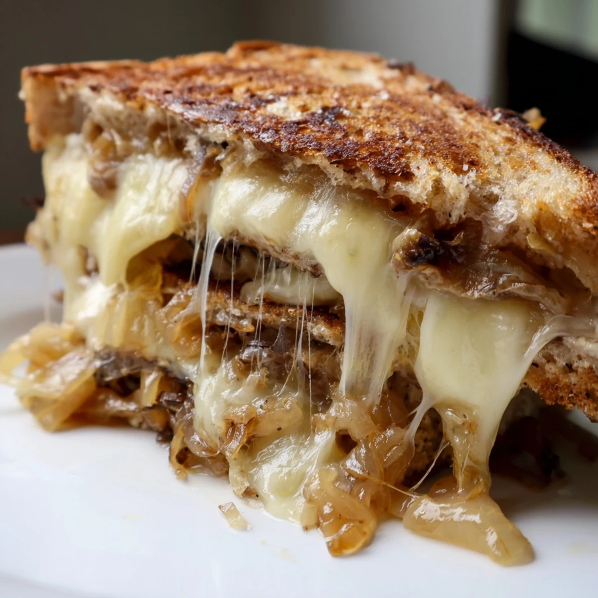 Savory Gruyère and sweet caramelized onions are melted between two perfectly toasted slices of rustic country bread in this gourmet sandwich.