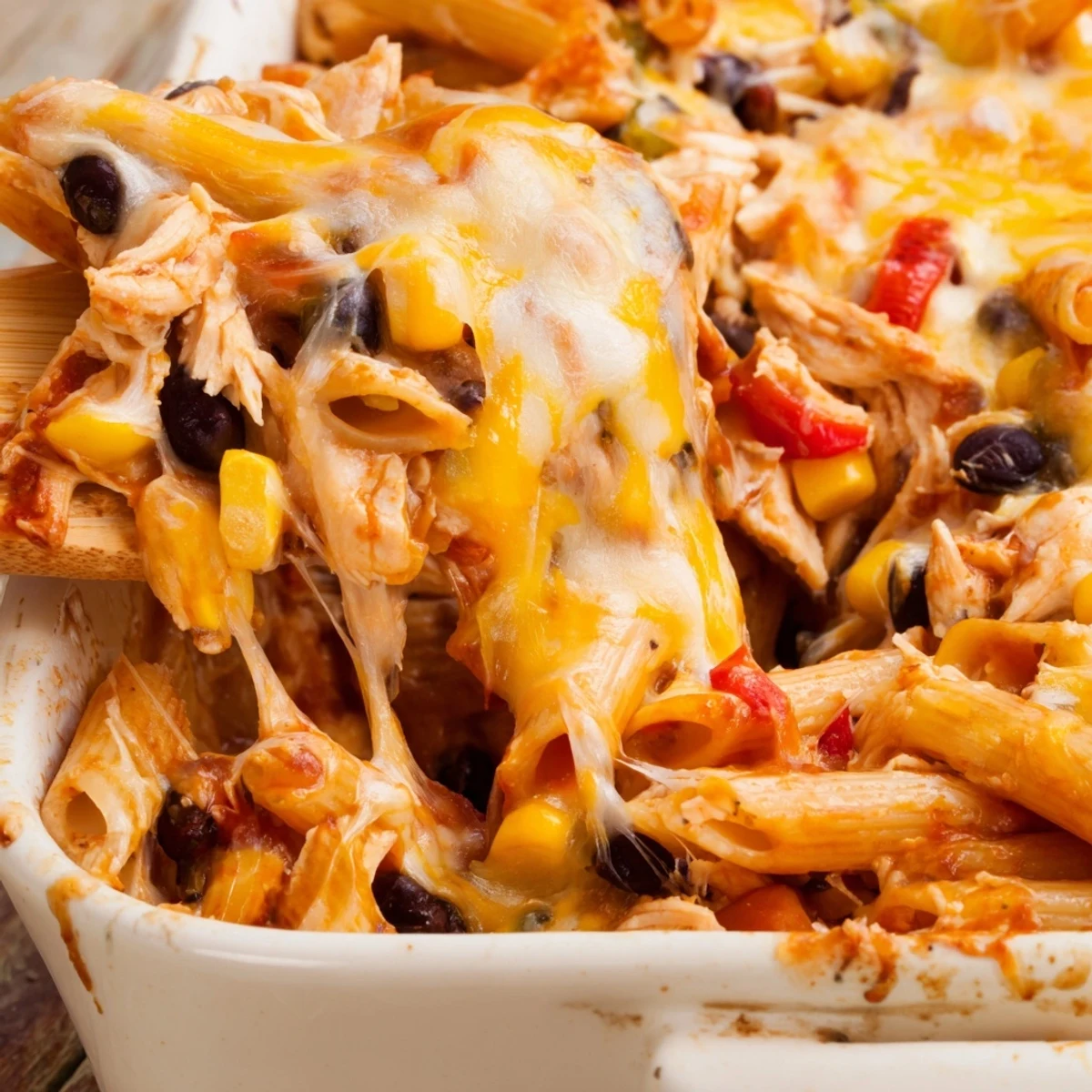 Fresh cilantro and jalapeños garnish a hearty scoop of Chicken Burrito Pasta Bake with black beans and corn visible.