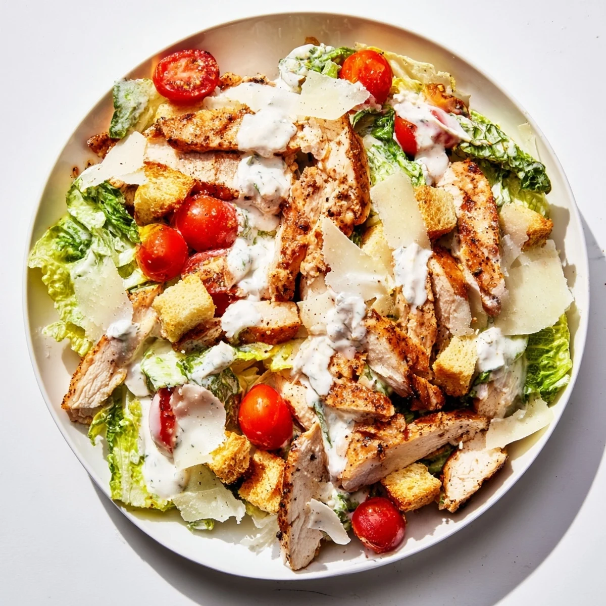 Freshly grilled chicken strips rest on crisp chopped romaine lettuce, drizzled with creamy Greek yogurt dressing for this Yogurt Caesar Grilled Chicken Salad.