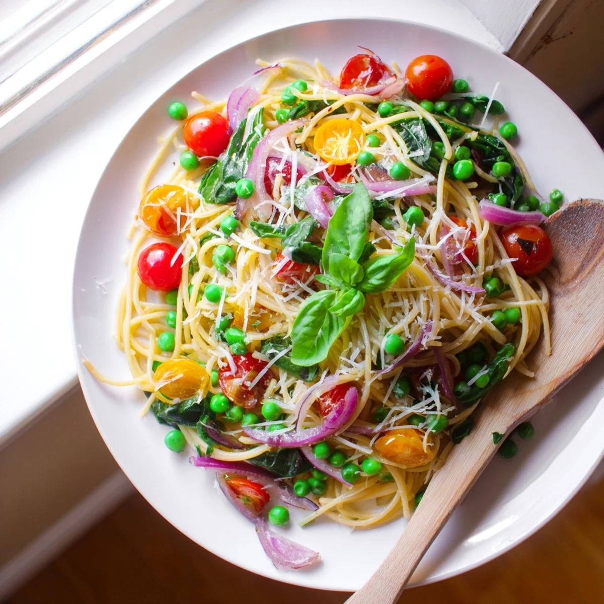 Fork-tender Spring Veggie One-Pot Spaghetti tossed with bright lemon zest and fresh basil.