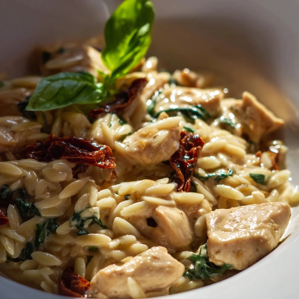 A creamy pan of Tuscan Chicken Orzo with tender chicken, sun-dried tomatoes, and wilted spinach, garnished with fresh basil.