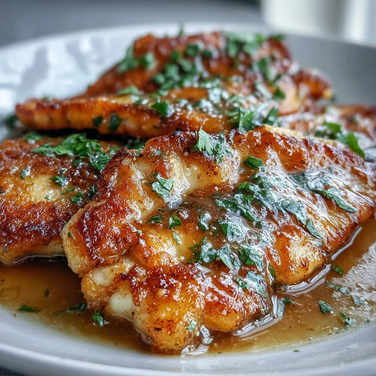 Golden-brown flounder meunière fillets garnished with parsley and lemon wedges, resting on a white plate.  