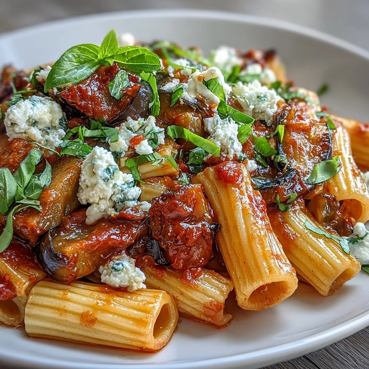 A close-up of Pasta Alla Norma in a rustic white bowl, showcasing golden roasted eggplant cubes nestled in a vibrant, chunky tomato sauce, topped with freshly grated ricotta salata and torn basil leaves.