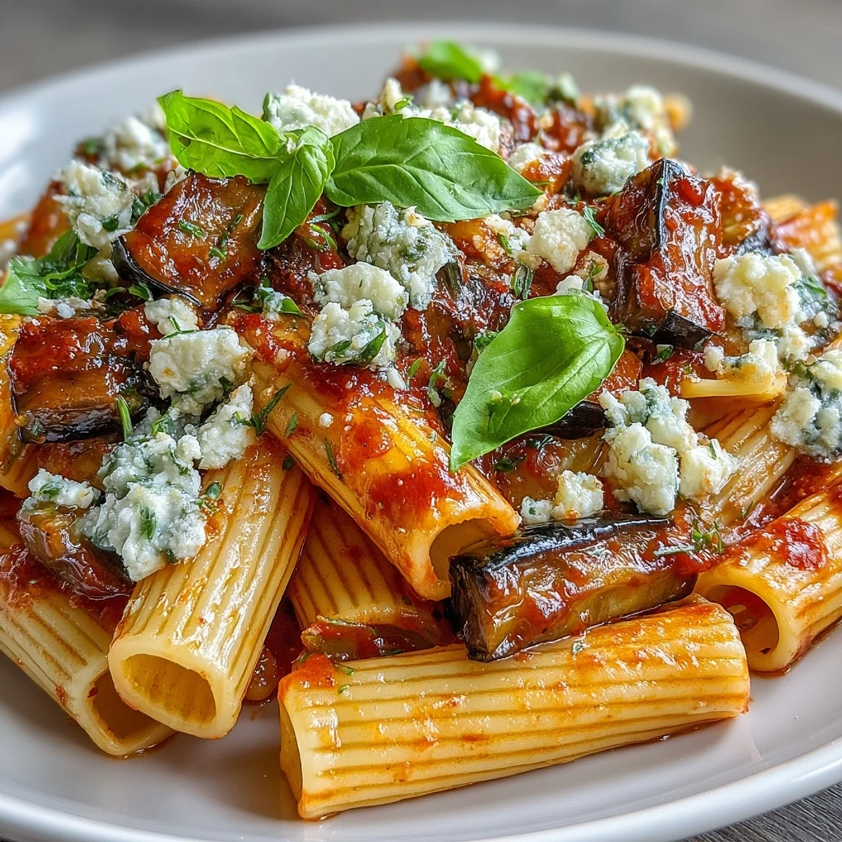 Rigatoni pasta is generously coated in a rich, simmered tomato and roasted eggplant sauce, with crumbled ricotta salata and a sprinkle of chili flakes adding flavor to this vegetarian Italian main.