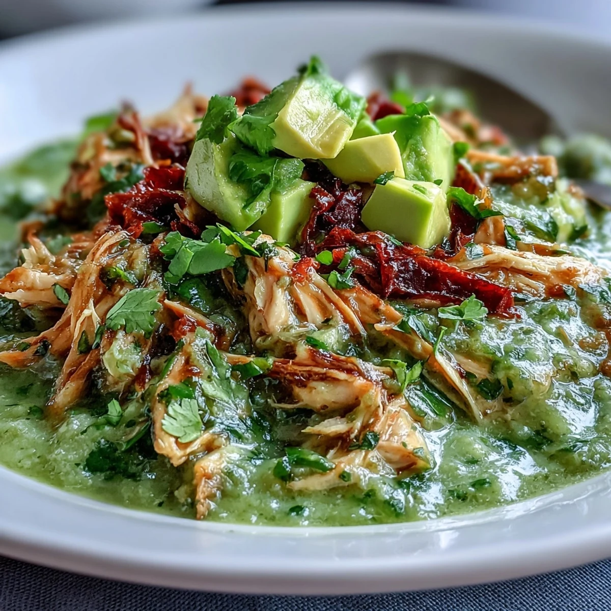 A close-up of vibrant Chicken Chili Verde, featuring tender shredded chicken simmering in a bright green tomatillo sauce, garnished with fresh cilantro and lime wedges.