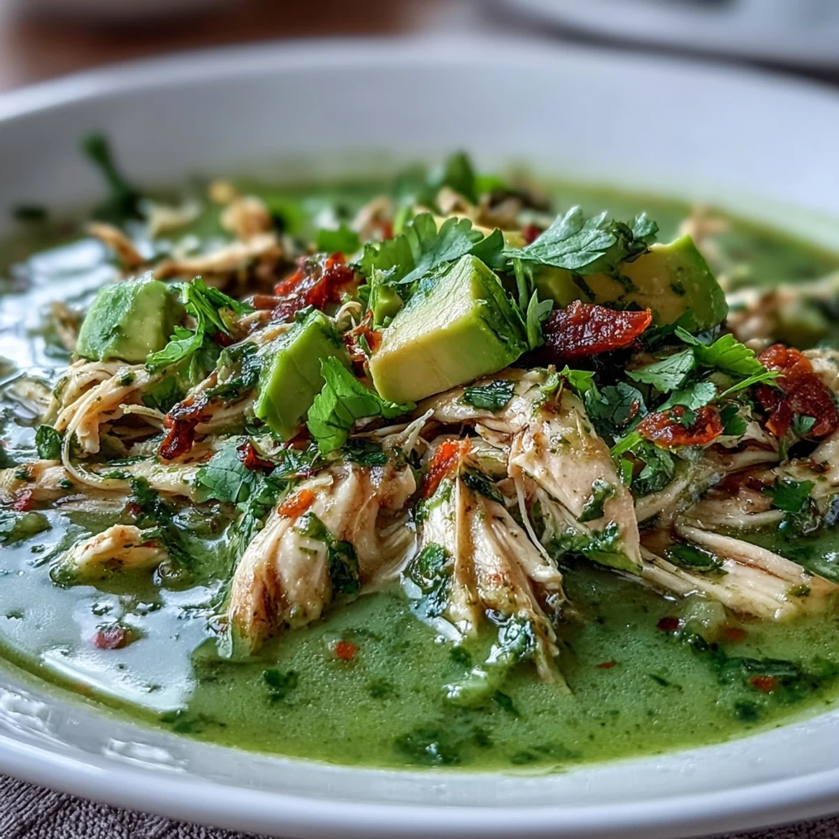 Overhead view of Chicken Chili Verde in a rustic bowl, with creamy avocado slices, diced onions, and a spoon ready to serve this comforting Mexican dish.
