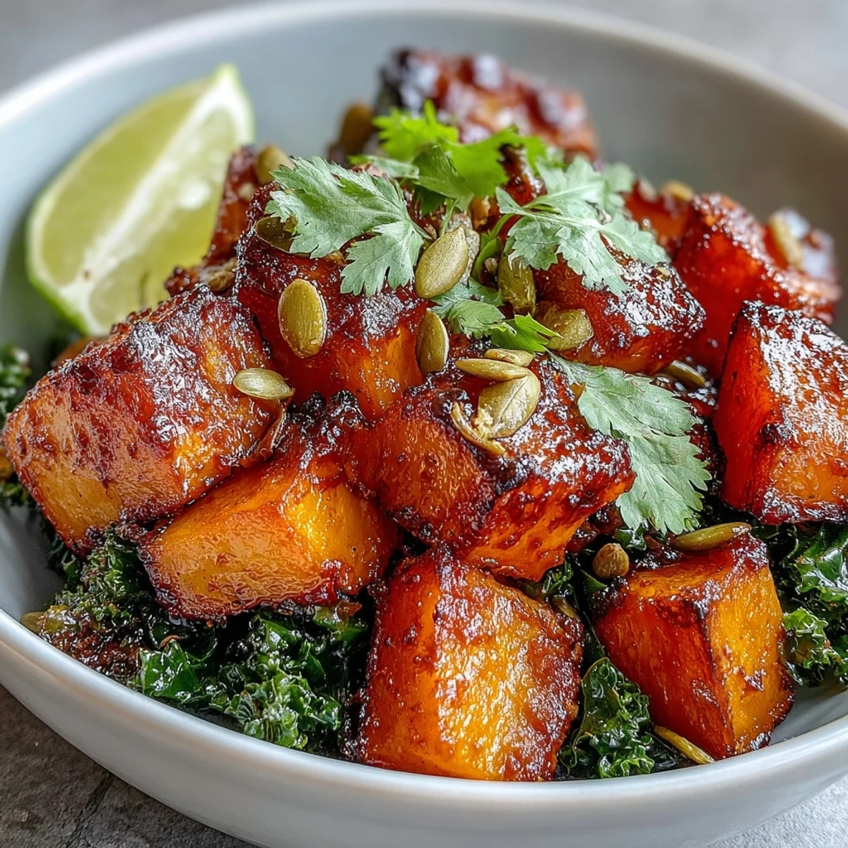 Warm roasted red kuri squash and red onion glistening with maple glaze, paired with wilted kale and lime wedges.