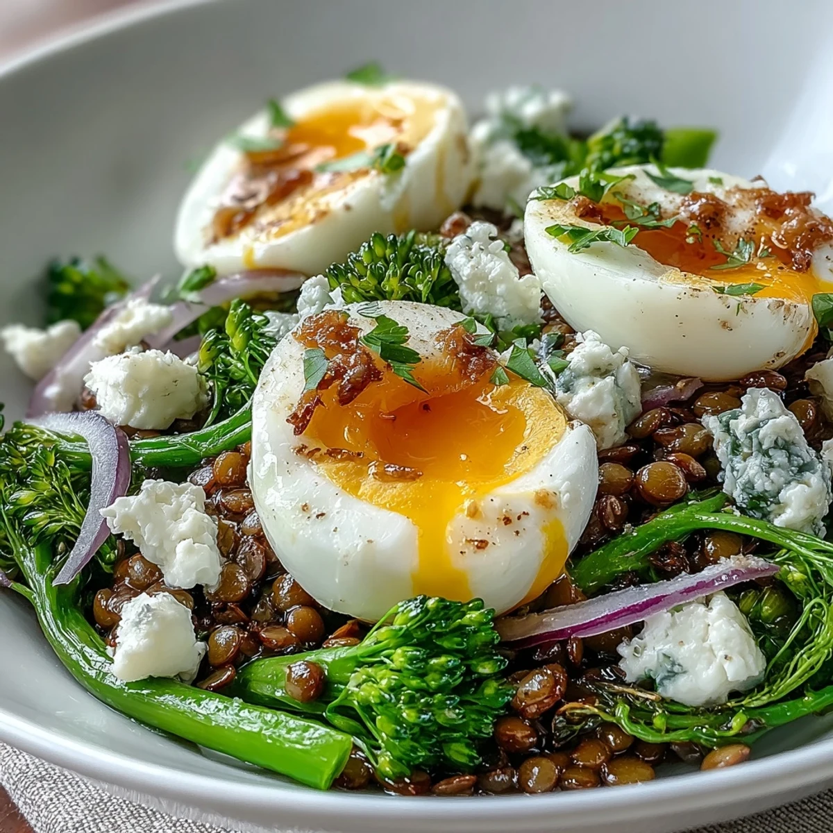Hearty French Lentil Salad With Broccolini and Soft-Cooked Eggs garnished with creamy goat cheese and parsley on a rustic plate.