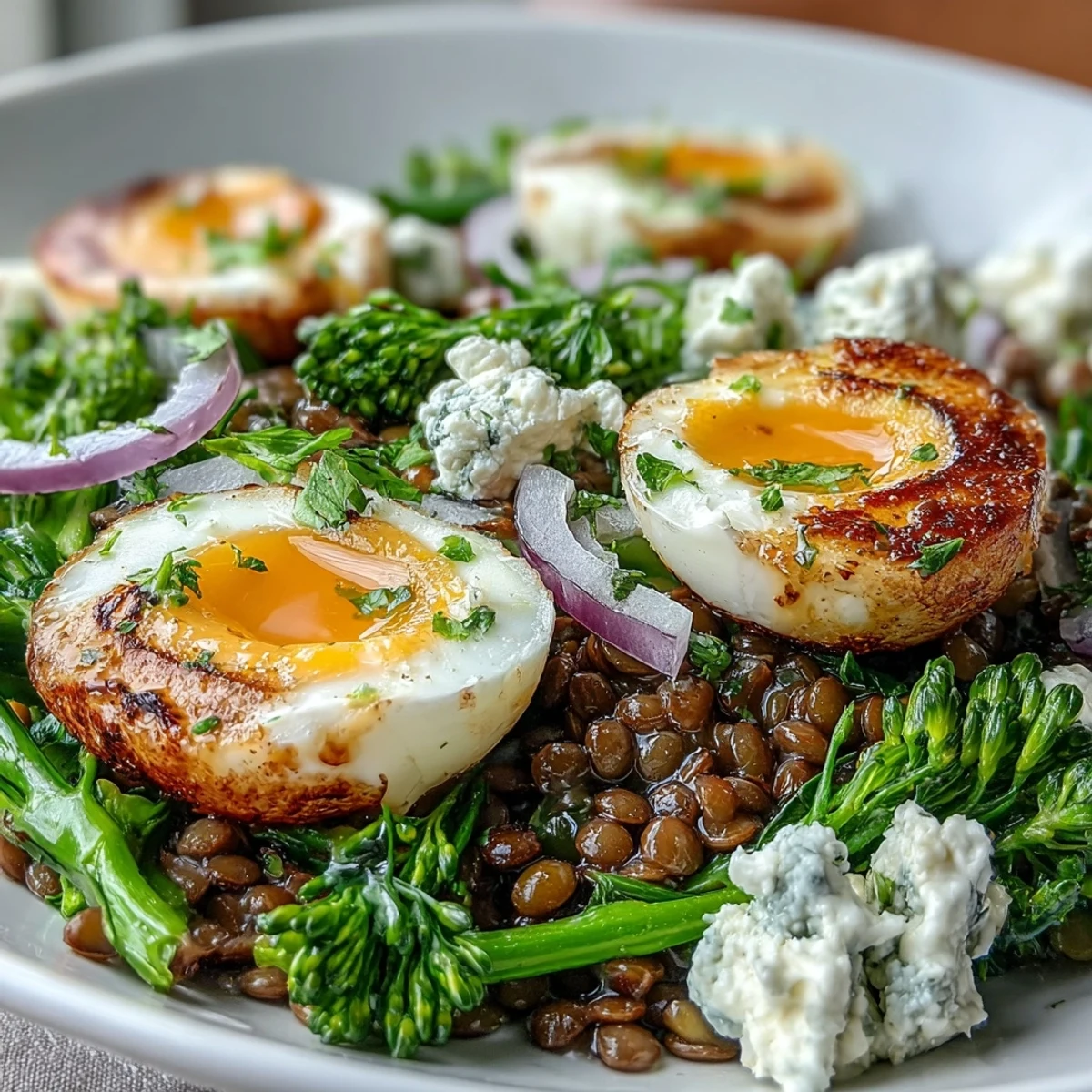 French Lentil Salad With Broccolini and Soft-Cooked Eggs, featuring tender lentils and bright green broccolini in a tangy Dijon vinaigrette.
