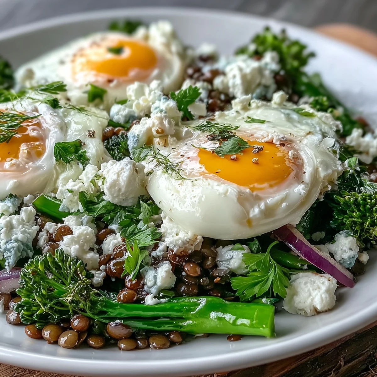 Close-up of French Lentil Salad With Broccolini and Soft-Cooked Eggs with jammy yolk and crisp-tender greens, served warm or room temperature.