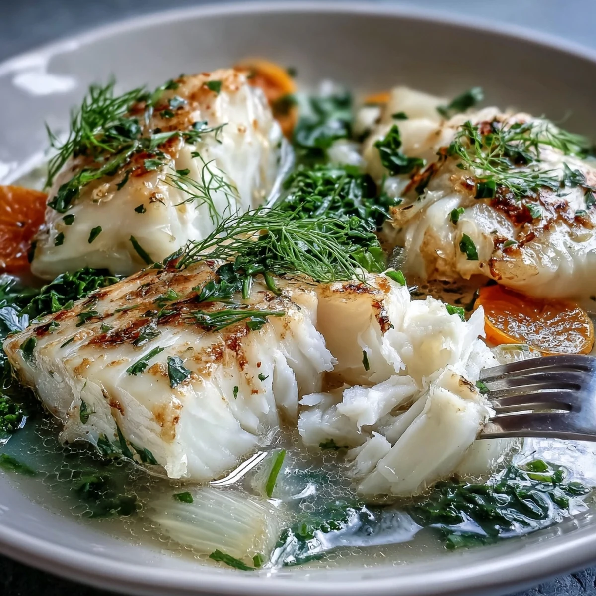 Poached Cod with Fennel and Orange on a white plate, garnished with fresh fennel fronds and bright orange zest.