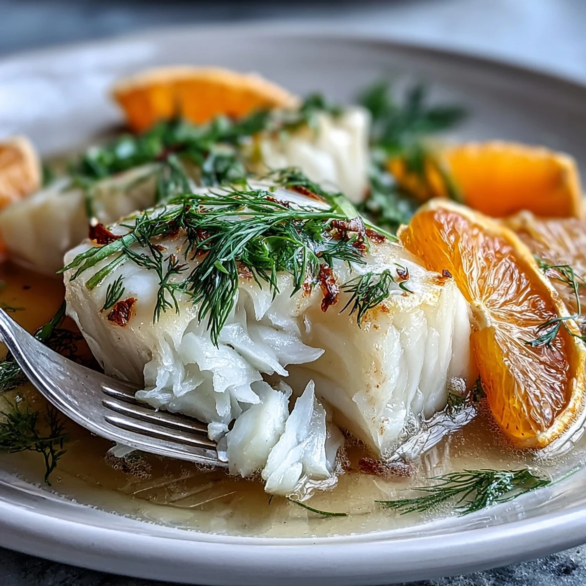 A close-up view of Poached Cod with Fennel and Orange, with aromatic slices of fennel and citrus, ready to serve.