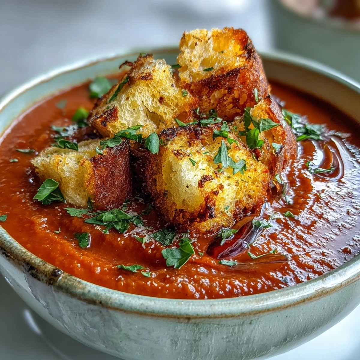 Vibrant roasted red bell peppers are blended into a velvety, spiced soup, finished with golden, crunchy croutons. 