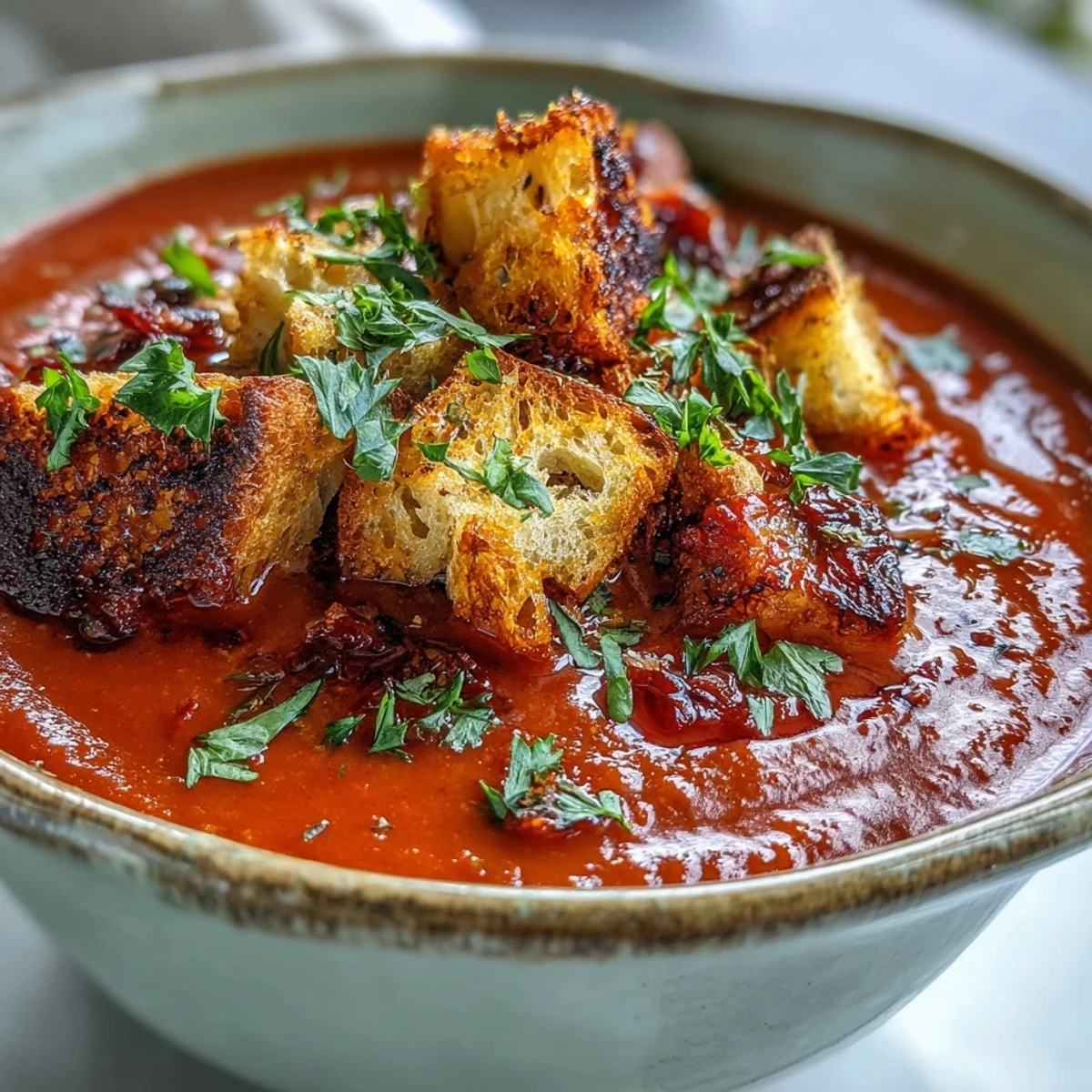 Close-up of Roasted Red Pepper Soup topped with crispy croutons, highlighting its rich red color.
