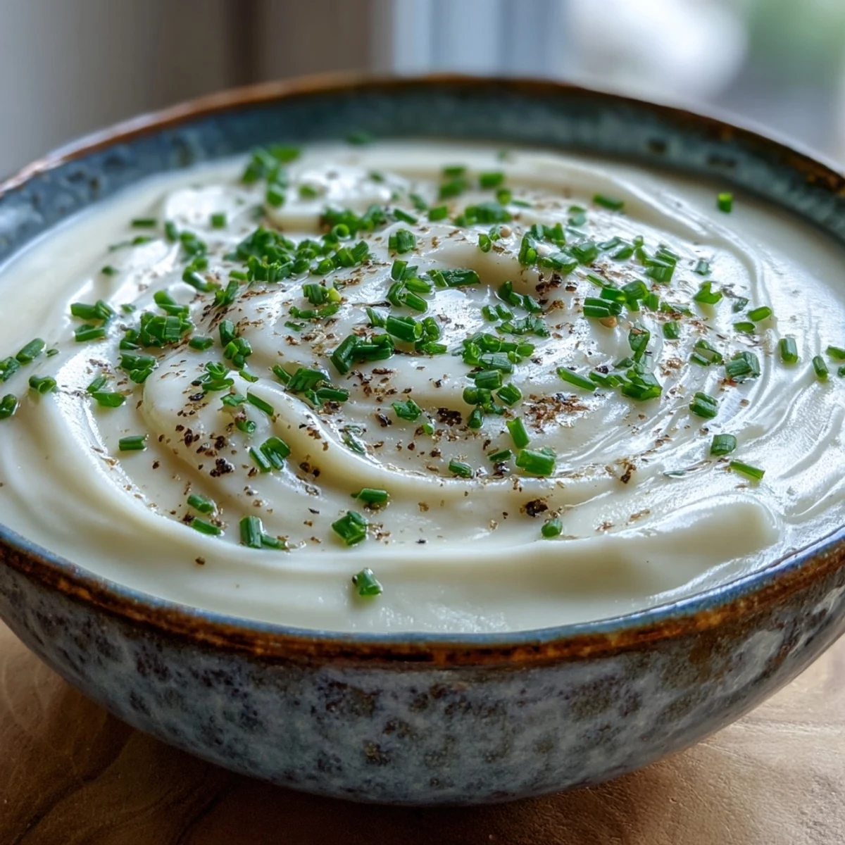 Cream of Potato Soup, a velvety, steaming bowl garnished with fresh chives and a swirl of cream for chilly winter evenings.