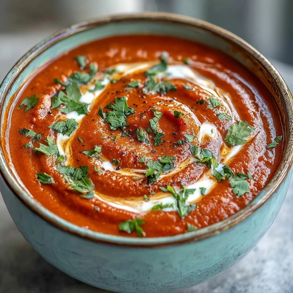 Creamy roasted red pepper soup swirled with Greek yogurt and fresh cilantro in a rustic bowl.