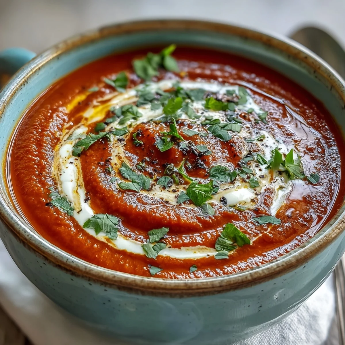 Vibrant roasted red pepper soup garnished with herbs and harissa spice, ready to enjoy.