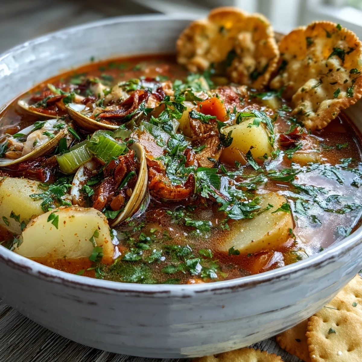 A simmering pot of Manhattan Clam Chowder with vibrant red broth, diced vegetables, and hearty Yukon Gold potatoes ready to serve.