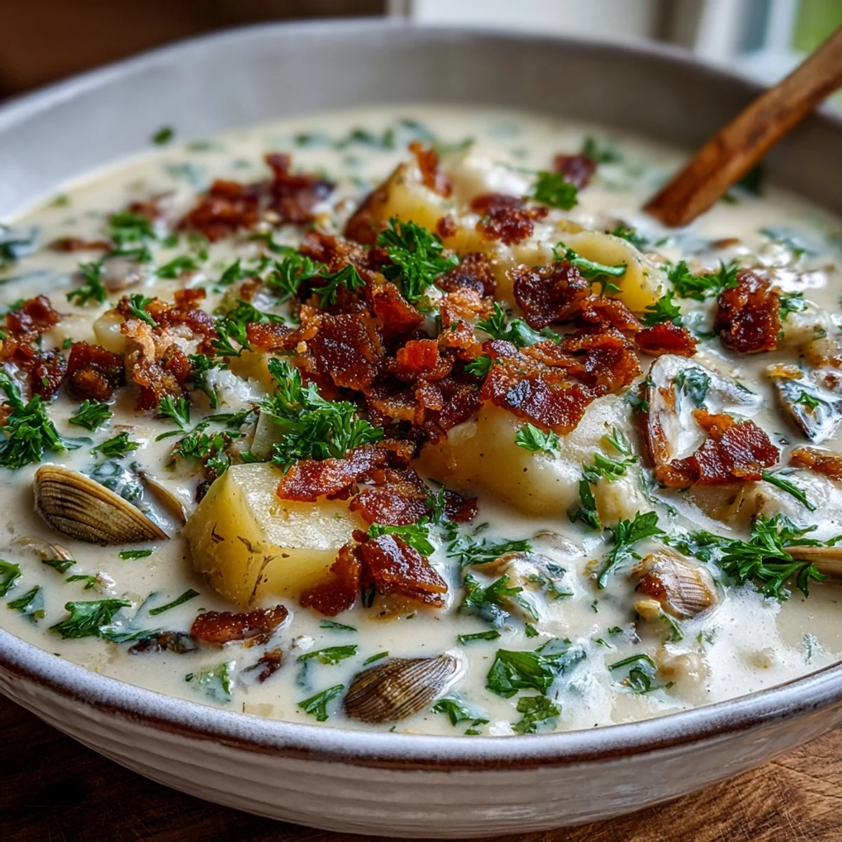 A steaming bowl of homemade New England clam chowder, packed with tender potatoes and clams in a creamy broth.  