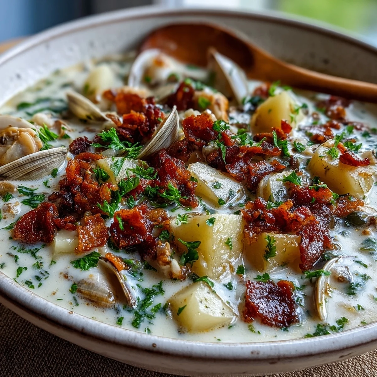 Rich, savory New England clam chowder served hot, featuring chopped bacon and hearty diced potatoes.