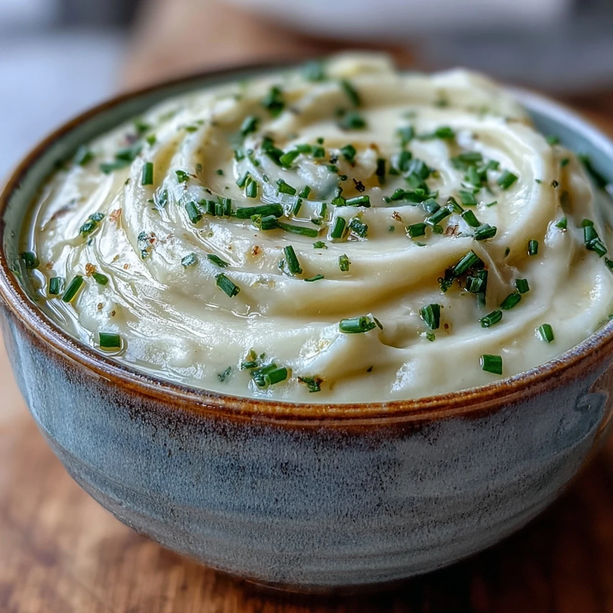 Serving suggestion of potato leek soup in a rustic bowl, topped with fresh parsley and olive oil.