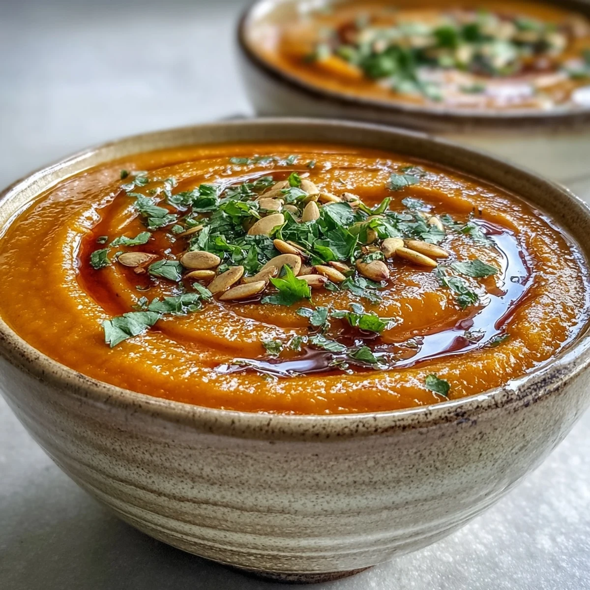 Creamy Carrot Ginger Soup in a rustic white bowl, topped with fresh cilantro and a swirl of coconut milk.