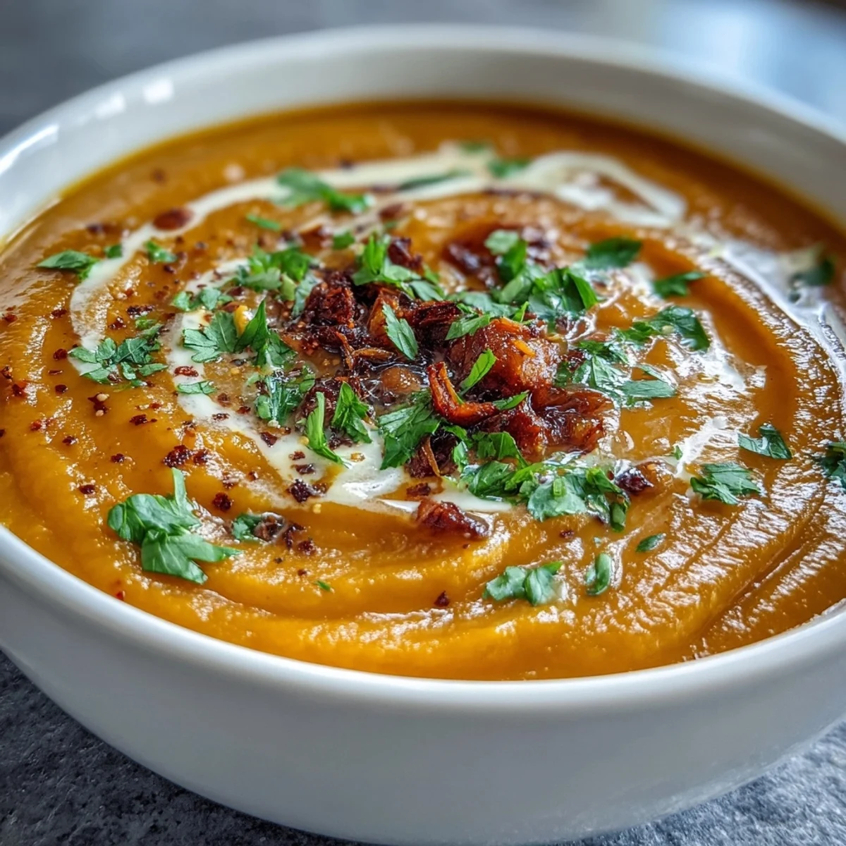 Creamy Carrot and Lentil Soup garnished with fresh herbs, served warm in a rustic bowl with a slice of crusty bread.