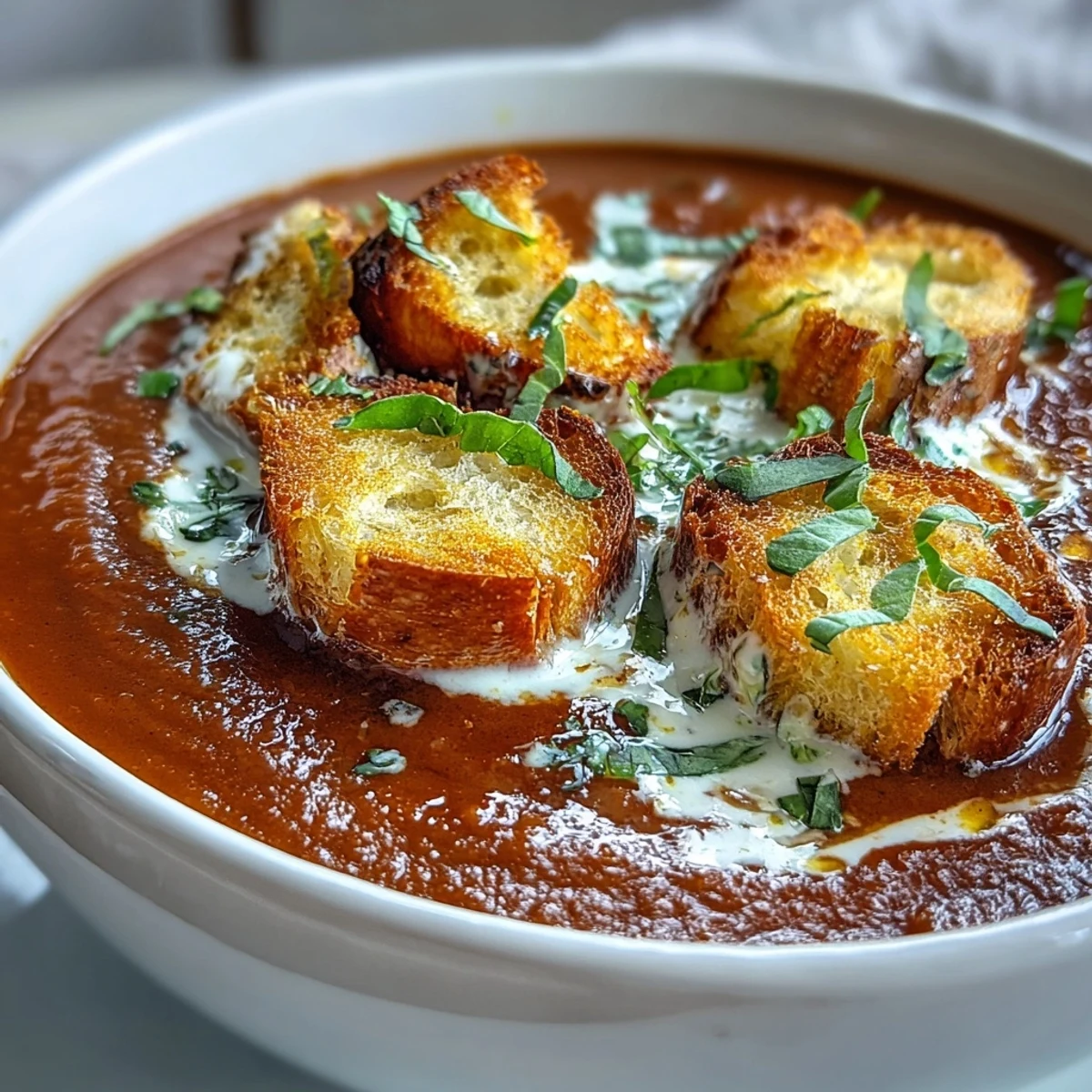 Velvety Creamy Roasted Tomato Soup topped with crispy golden croutons and a fresh basil garnish.