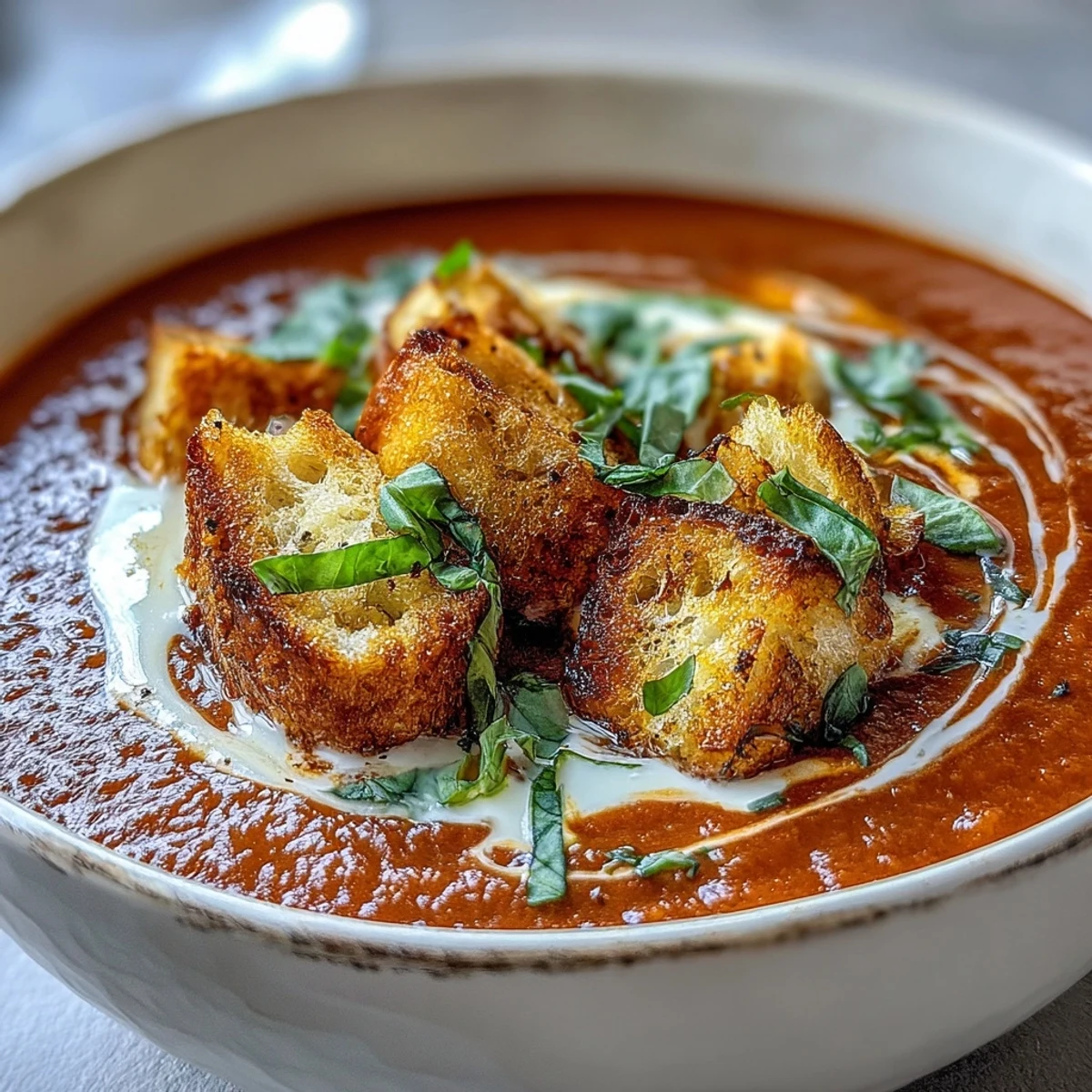 Rich bowl of Creamy Roasted Tomato Soup ready to serve alongside a warm grilled cheese sandwich.
