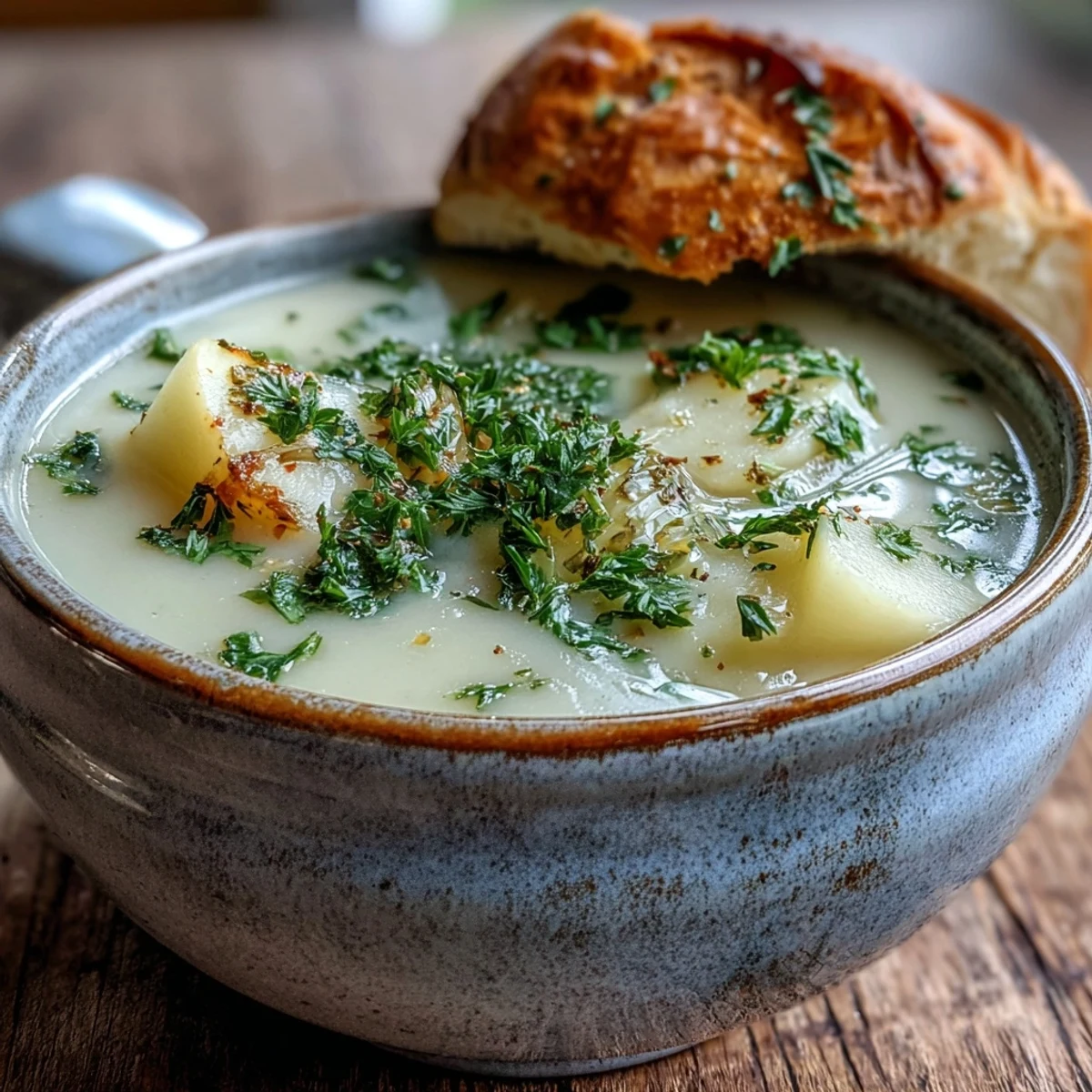 Creamy Potato Leek Soup garnished with fresh chives in a white bowl, steam rising from its smooth surface.