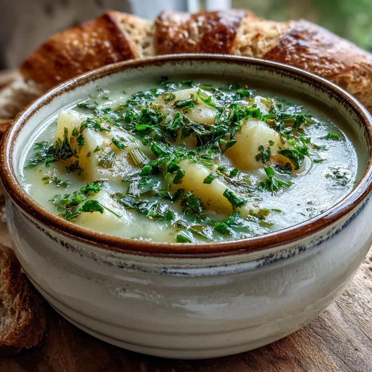 Homemade Potato Leek Soup topped with crispy bacon bits, served with a slice of crusty artisan bread.