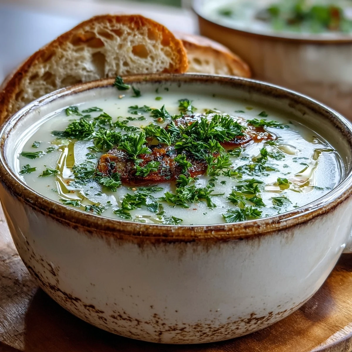 Smooth Potato Leek Soup ladled into a rustic ceramic bowl, featuring tender Yukon Gold potatoes and sweet leeks.