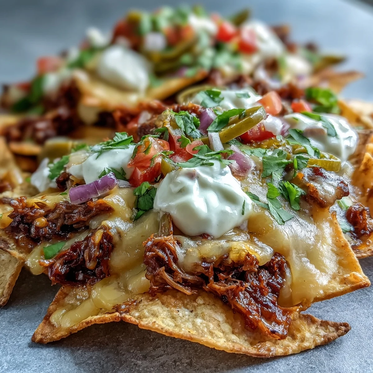 Golden-brown BBQ beef nachos topped with melted cheddar, jalapeños, fresh tomatoes, and cilantro on a wooden board.