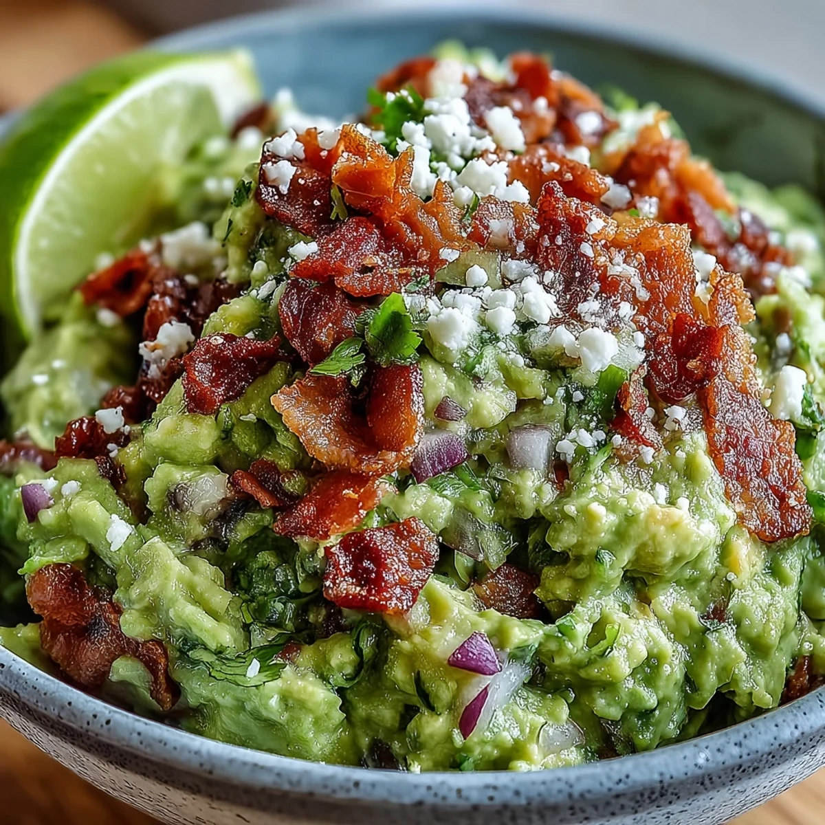 Creamy avocado mash is topped with crispy bacon crumbles and tangy Cotija cheese in this Bacon Guacamole With Cotija Cheese appetizer.  