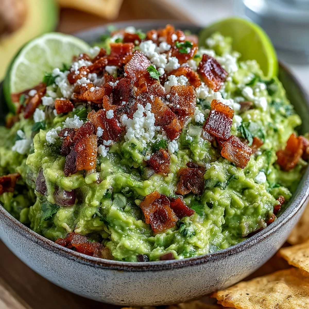 A rustic bowl of Bacon Guacamole With Cotija Cheese is garnished with extra bacon, Cotija crumbles, and chopped cilantro.
