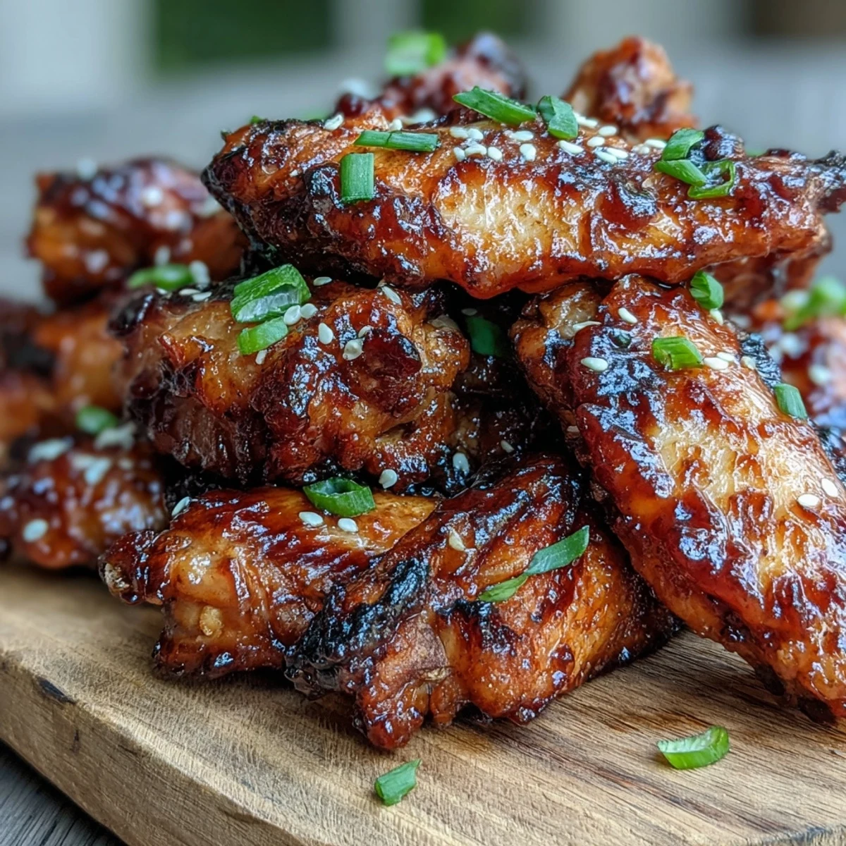 Sticky Coca Cola Chicken Wings glisten with a glossy, caramelized glaze on a white platter, garnished with scallions and sesame seeds.  