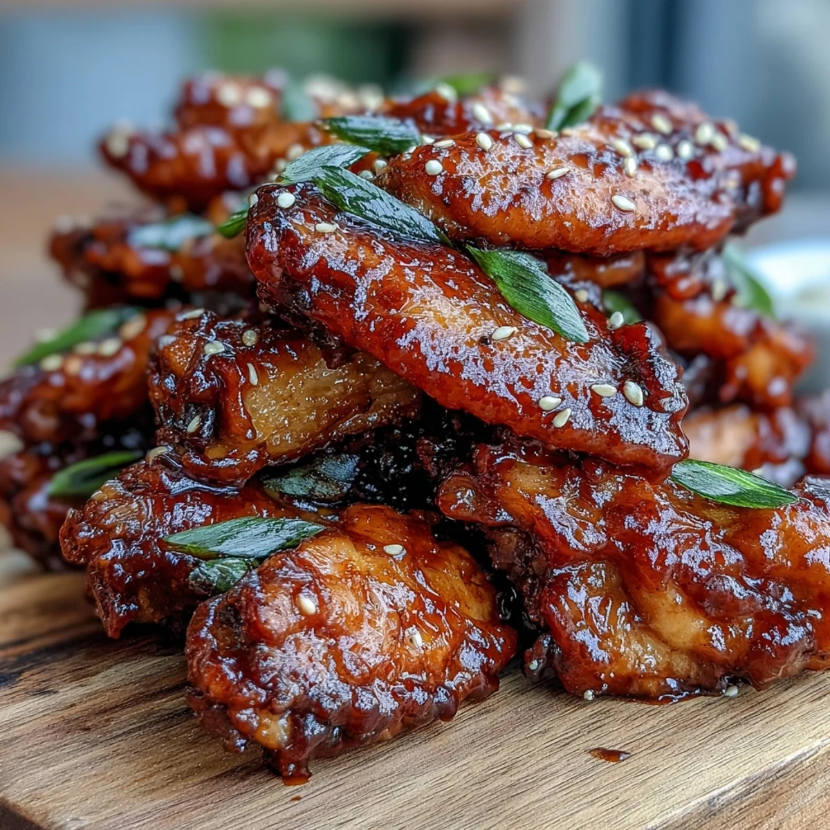 A close-up of Coca Cola Chicken Wings reveals tender meat falling off the bone, drizzled with a thick, savory-sweet sauce.  