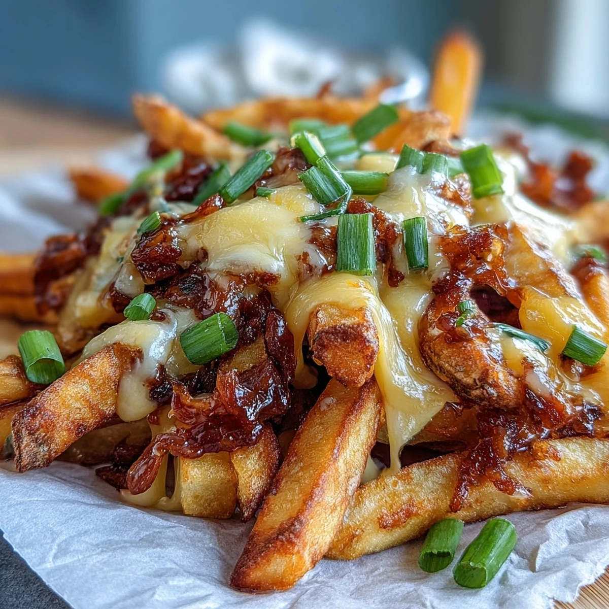 Overhead view of a platter of Cheesy BBQ Fries with Ranch Dip, featuring crunchy fries, melted cheddar, and a side of tangy homemade dip.