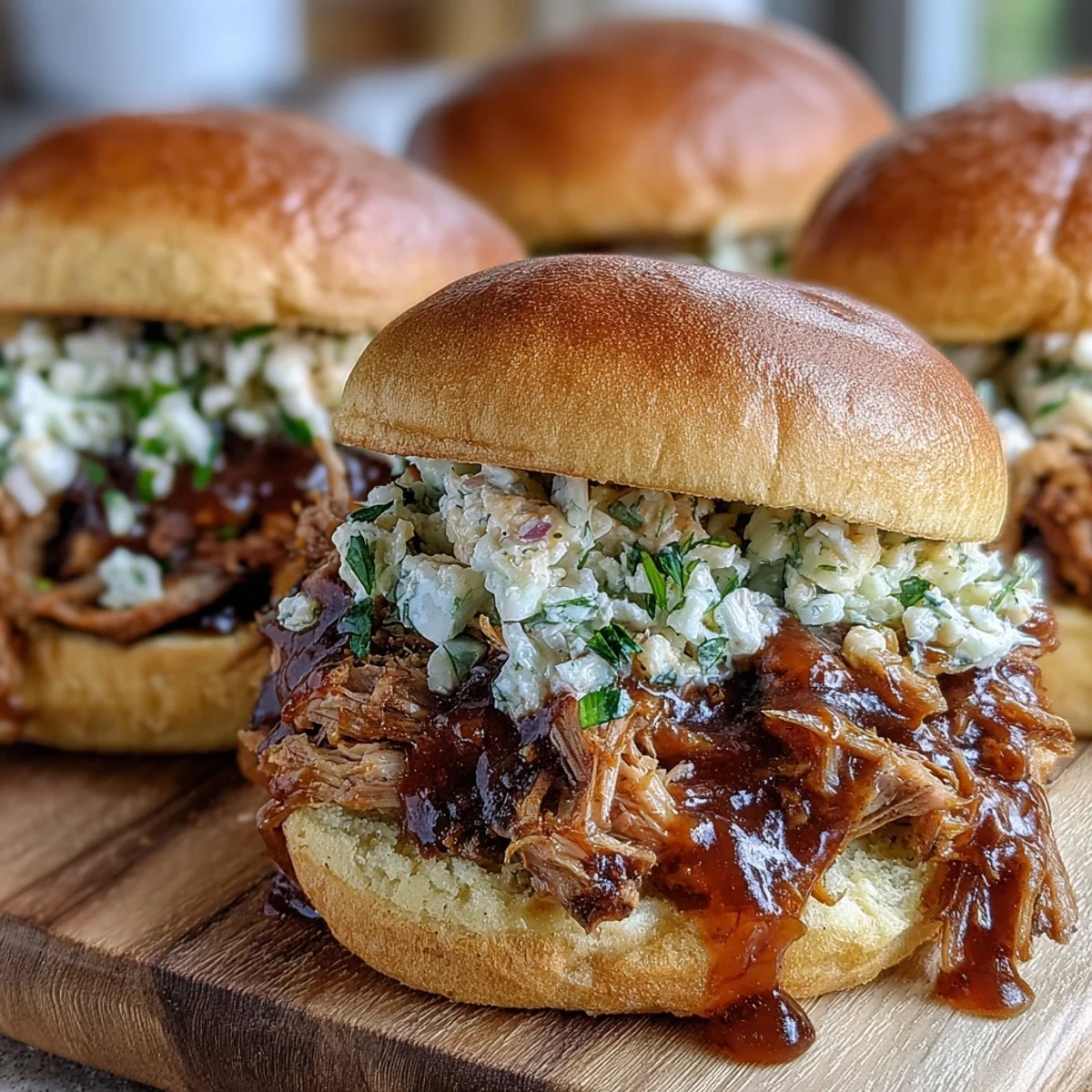 Sweet and tangy applesauce pulled pork sandwiches topped with creamy coleslaw, served hot on toasted buns.