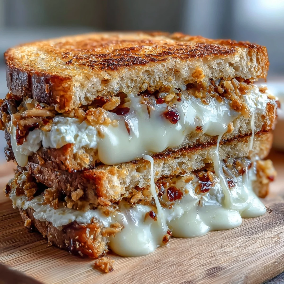 Buttery toasted sourdough slices hold a Goat Cheese Grilled Cheese with Honey & Chili Flakes, garnished with fresh thyme and chili.