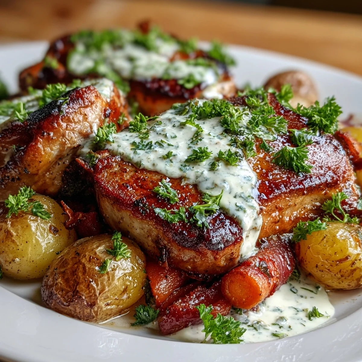 Golden-brown Crockpot Ranch Pork Chops in creamy gravy with tender potatoes and carrots.