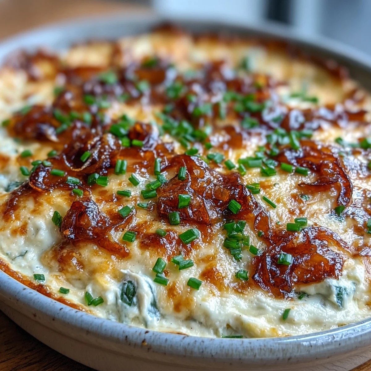 Golden-bubbly Smoked Gouda & Onion Dip fresh from the oven, featuring a cheesy, caramelized onion surface topped with fresh chives.