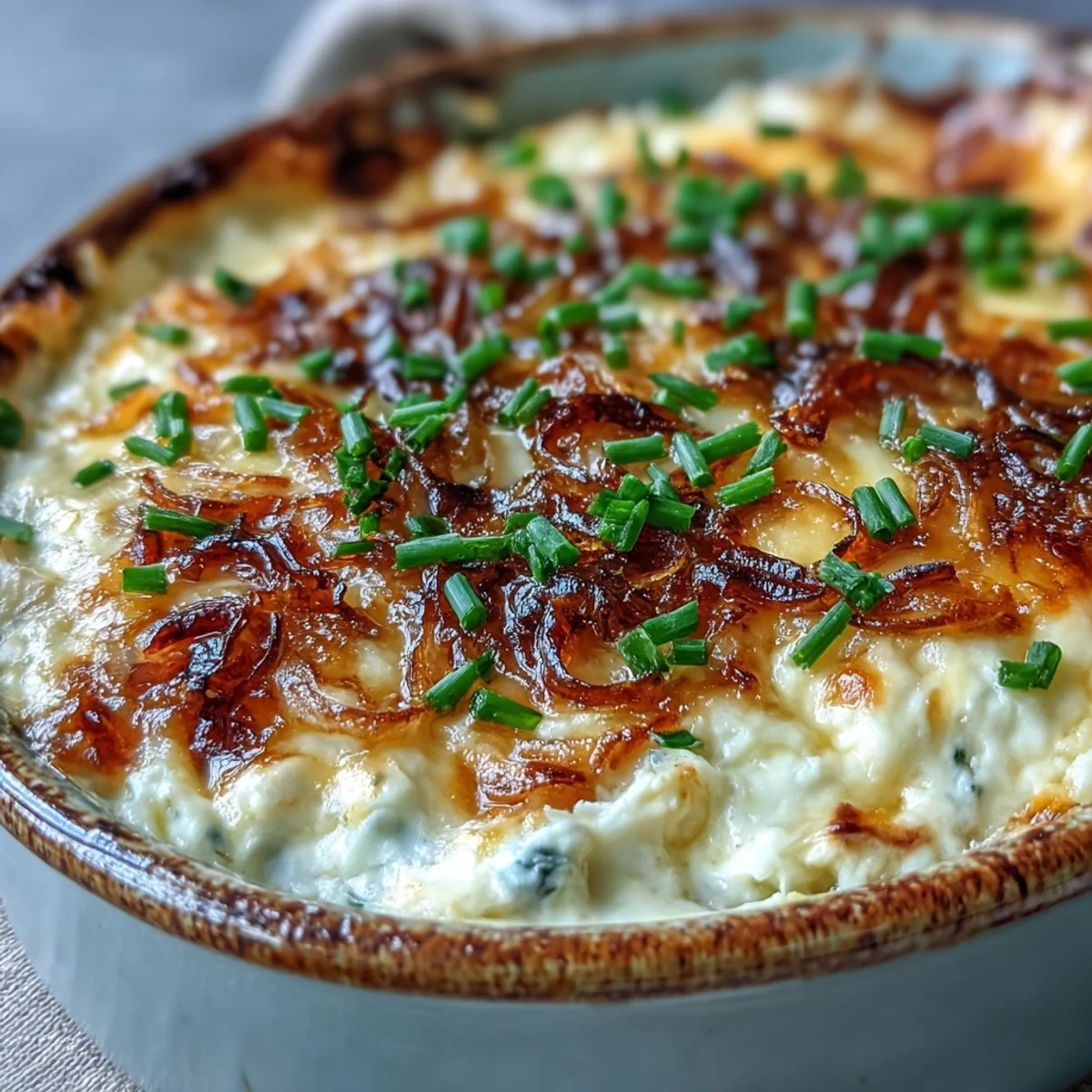 Warm Smoked Gouda & Onion Dip served alongside crispy tortilla chips and fresh-cut veggies, ready for a party appetizer spread.