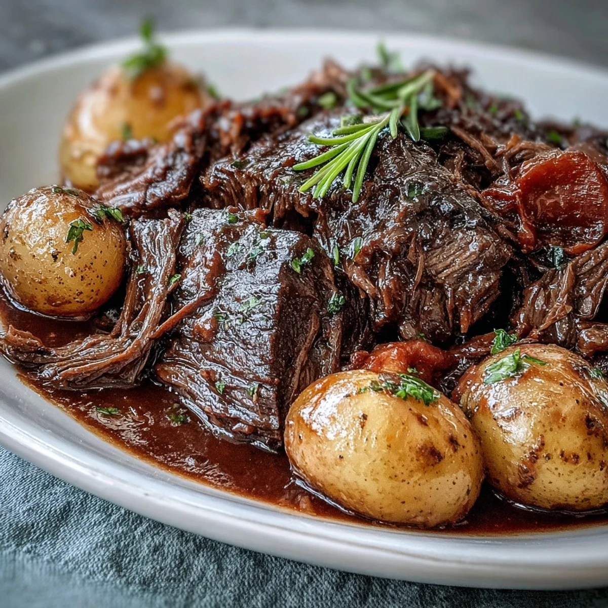 Golden-brown beef pot roast surrounded by tender carrots, celery, and baby potatoes in a rich, glossy gravy.