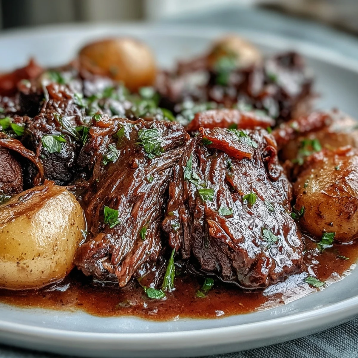Hearty beef pot roast plated with roasted vegetables, showcasing the tender meat and savory red wine broth.