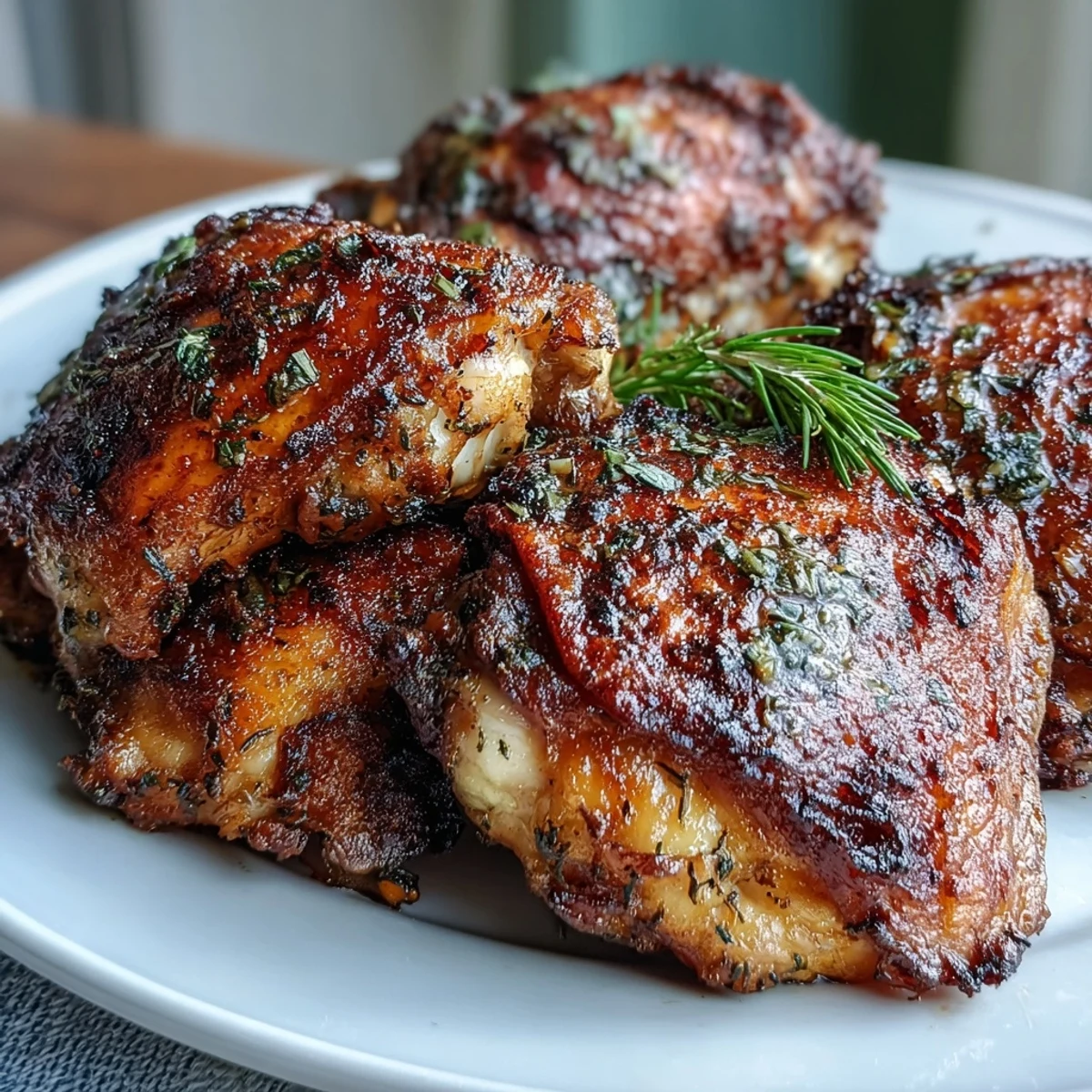Crispy Baked Bone-In Chicken Thighs with golden, crackling skin and tender, juicy meat, served with lemon wedges on a platter.