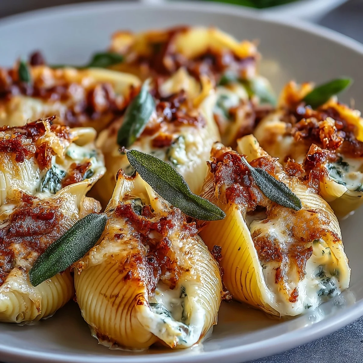 Golden-brown baked Pumpkin & Gouda Stuffed Shells swimming in creamy sage Alfredo sauce.