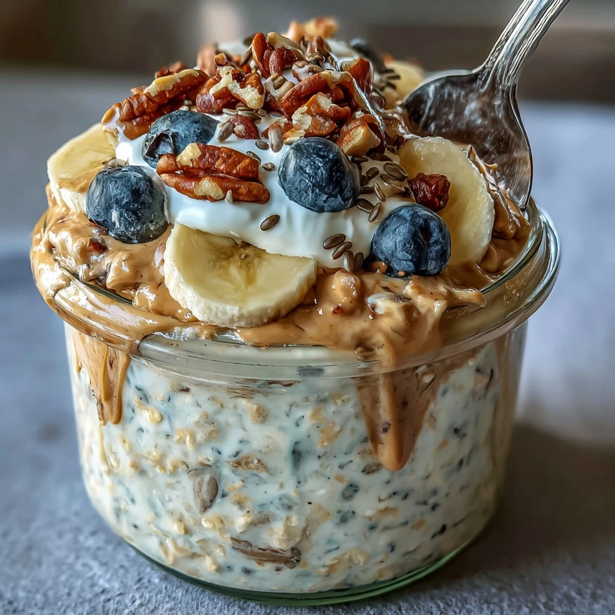 Rolled oats soak in creamy peanut butter, Greek yogurt, and vanilla protein for High-Protein Peanut Butter Overnight Oats.