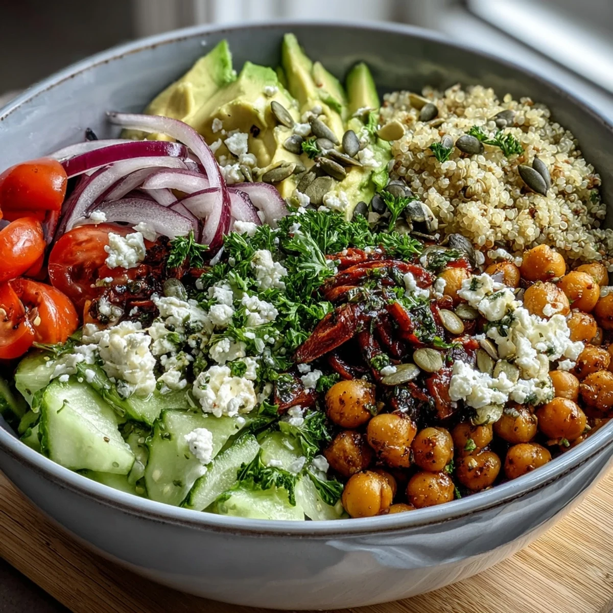 A vibrant Simple Grain Bowl filled with brown rice, chickpeas, fresh vegetables, and avocado slices.