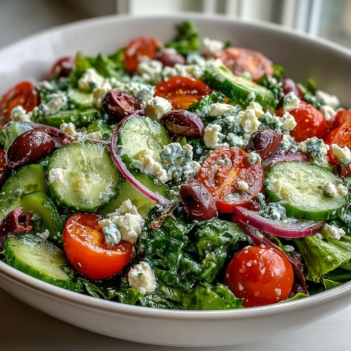 A vibrant Mediterranean Green Salad Bowl with crisp spring greens, juicy tomatoes, crunchy cucumber, and tangy feta cheese.  